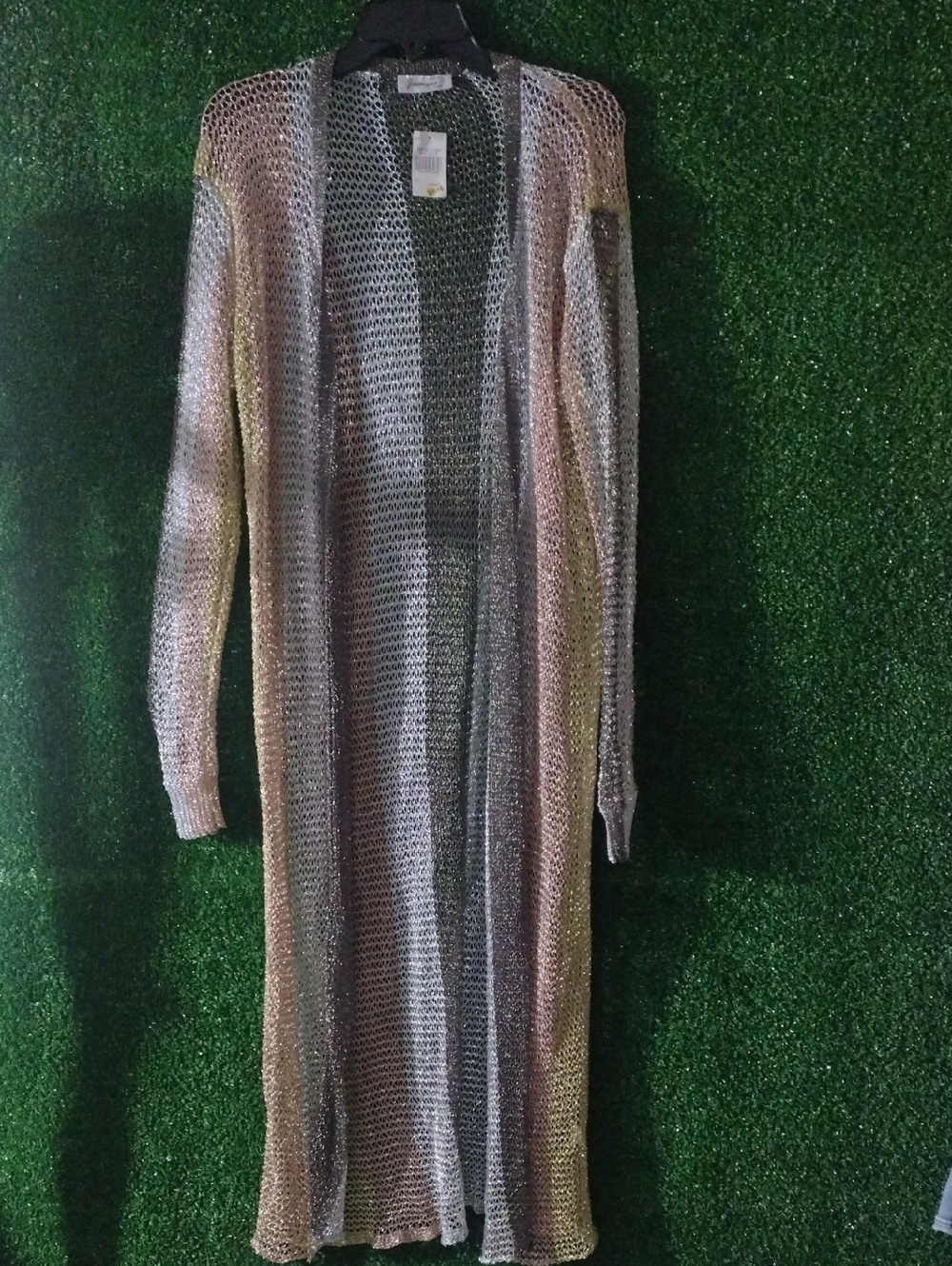 Jasmine Long Metallic Open-Front Cardigan in Silver and Gold